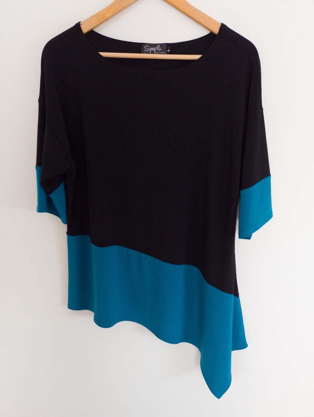 Sympli Canada Black & Teal Colorblock Asymmetrical Hem Tunic Top Size 6